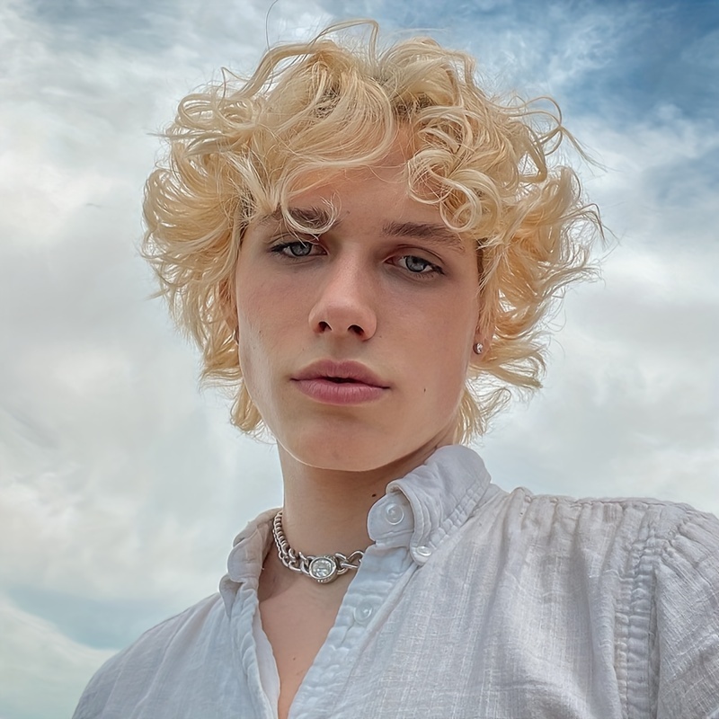 Mens Blonde Wig Short Wavy Flu - огляд і ціна Synthetic Wigs